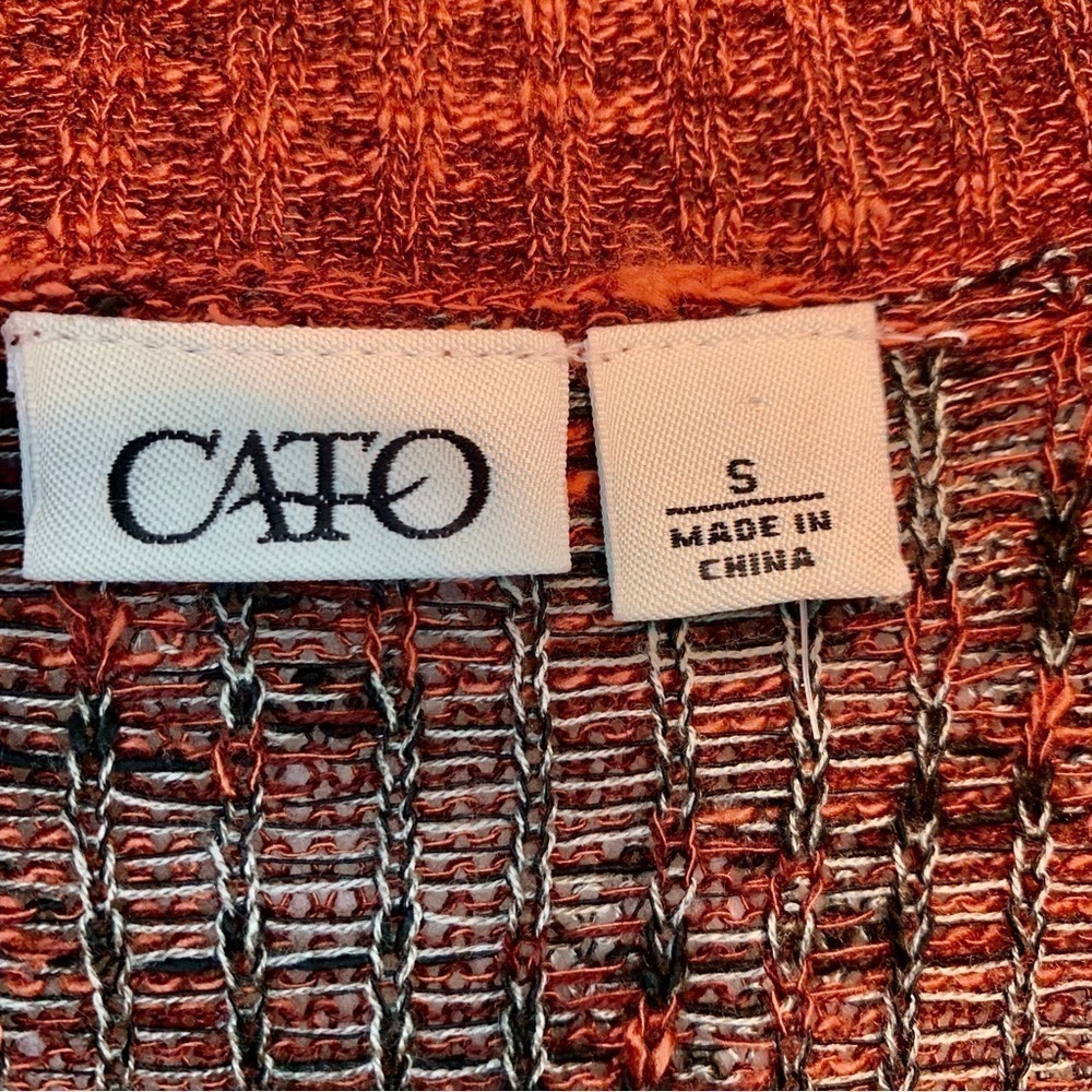 Cato Cardigan Small Open Duster Burgundy Grey Geometric Pattern Ribbed Trim - Picture 10 of 15